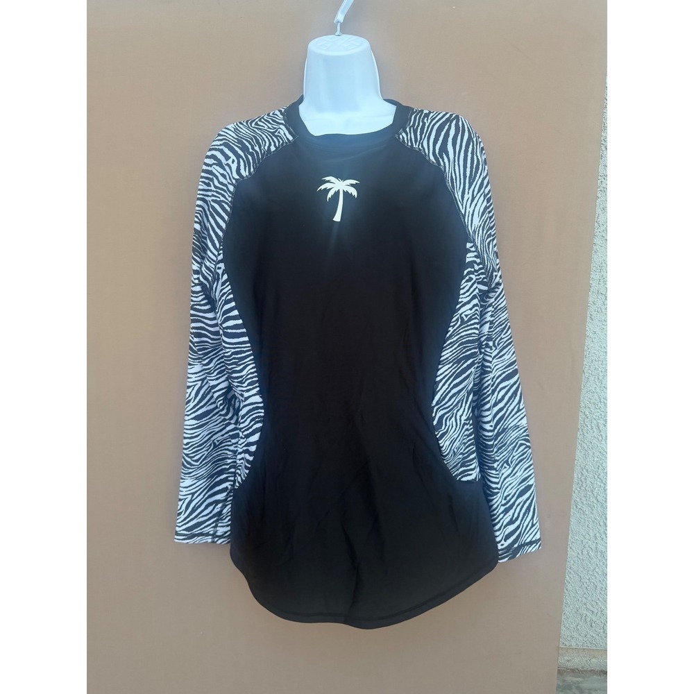 Halcurt Womens 2XL Rash Guard Long Sleeve Zebra Print UPF 50+ Swim Top Black New
